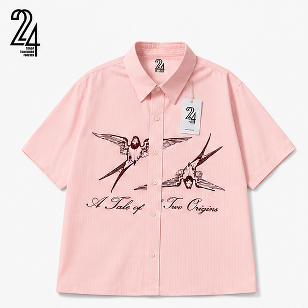 A light pink short-sleeve button-up shirt with a textured vertical stripe pattern, featuring a graphic print of two birds with lightning bolts and the text 'A Tale of Two Origins' on the front. The shirt is displayed flat against a light gray background with a brand tag and a '24 Hours' logo overlay in the top left corner.
